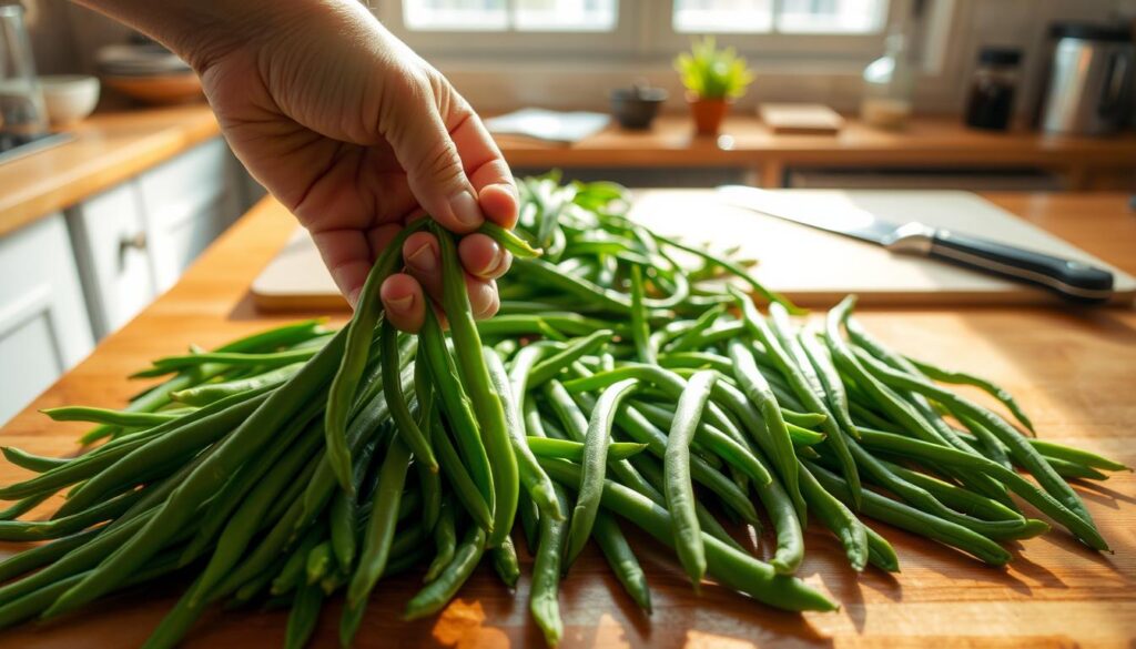 A well-lit kitchen counter, with an array of fresh green beans neatly arranged. In the foreground, a discerning hand carefully selects the perfect specimens - long, slender, and vibrant green. The beans are examined with an expert eye, checking for firmness, snap, and uniform size. In the middle ground, a cutting board and a sharp knife stand ready, anticipating the preparation process. The background features a window, allowing natural light to flood the scene, casting a warm glow and highlighting the verdant hues of the beans. The overall atmosphere conveys a sense of care, attention to detail, and the excitement of embarking on a flavorful fermentation journey. Choosing the Right Green Beans for Fermentation