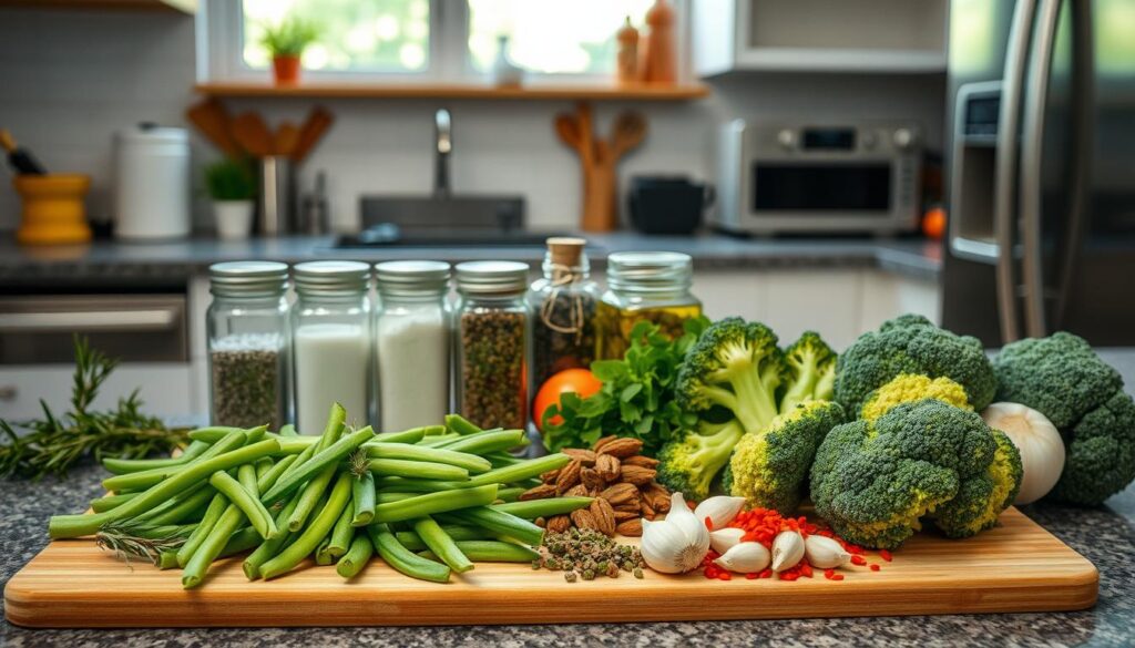 A well-lit kitchen countertop with an assortment of fresh, vibrant vegetables neatly arranged. In the foreground, a cutting board holds sliced green beans, broccoli florets, and a variety of aromatic herbs and spices, including rosemary, thyme, garlic, and red pepper flakes. The middle ground features glass jars filled with additional seasoning options, such as sea salt, black pepper, and olive oil. The background showcases a tidy, modern kitchen environment with stainless steel appliances and natural light streaming in through a large window, creating a warm, inviting atmosphere perfect for preparing a flavorful vegetable medley. Seasoning Ideas for a Tasty Vegetable Medley