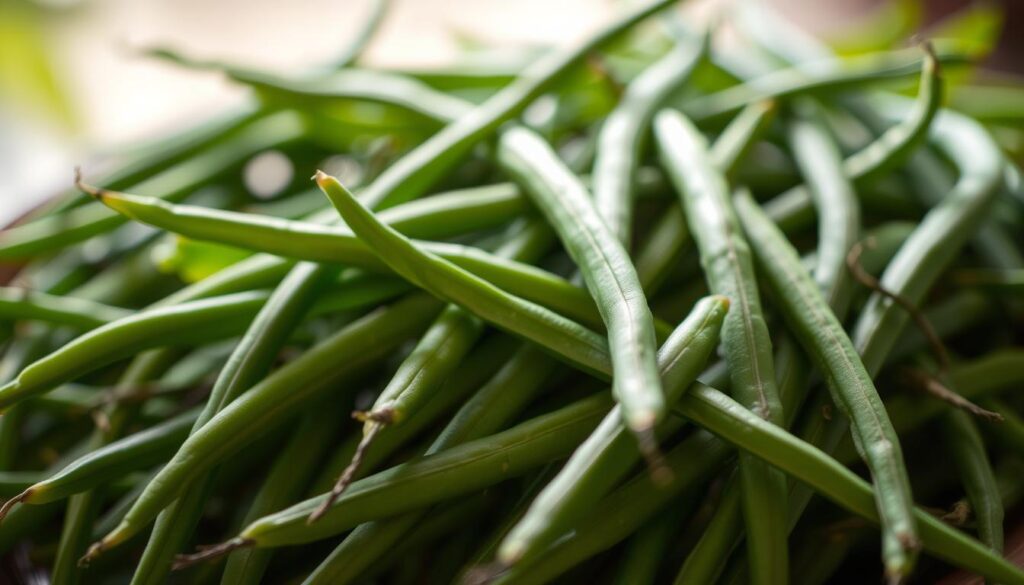 Authentic Thai green beans, freshly harvested, vibrant in color and texture. A close-up shot showcasing the beans' slender, crisp shape and tender bite. Soft, diffused natural lighting illuminates the scene, casting gentle shadows that accentuate the beans' intricate patterns. The background is slightly blurred, drawing the viewer's focus to the foreground, where the green beans are the undisputed stars. The overall mood is one of simplicity, quality, and the essence of Thai cuisine. The image captures the essence of "Tips for Perfecting Your Thai Green Beans", highlighting the importance of carefully selecting and preparing this essential ingredient. Techniques for Authentic Flavor