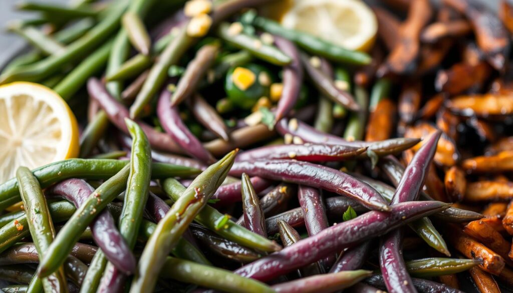 Cooking methods for purple green beans: a vibrant still life showcasing various preparation techniques. In the foreground, gently steamed purple beans glisten under soft, natural lighting. In the middle ground, sautéed beans are garnished with herbs and lemon zest, while roasted beans with crispy edges occupy the background. The arrangement is captured with a shallow depth of field, creating a visually appealing and appetizing scene. The overall mood is one of culinary experimentation and celebration of the unique color and texture of these heirloom vegetables. Cooking Methods for Purple Green Beans