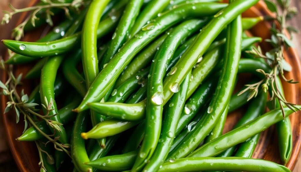Delicious green beans, freshly harvested, glistening with dewdrops and framed against a warm, rustic backdrop. The beans, vibrant and crisp, are arranged artfully on a wooden serving platter, accented by sprigs of fragrant herbs. Soft, natural lighting casts a gentle glow, highlighting the beans' emerald hues and creating a welcoming, appetizing scene. The image conveys the simple elegance and homemade goodness of a side dish that can elevate any meal, capturing the essence of "Tips for Serving Your Homemade Green Beans". Serving Suggestions for Special Occasions