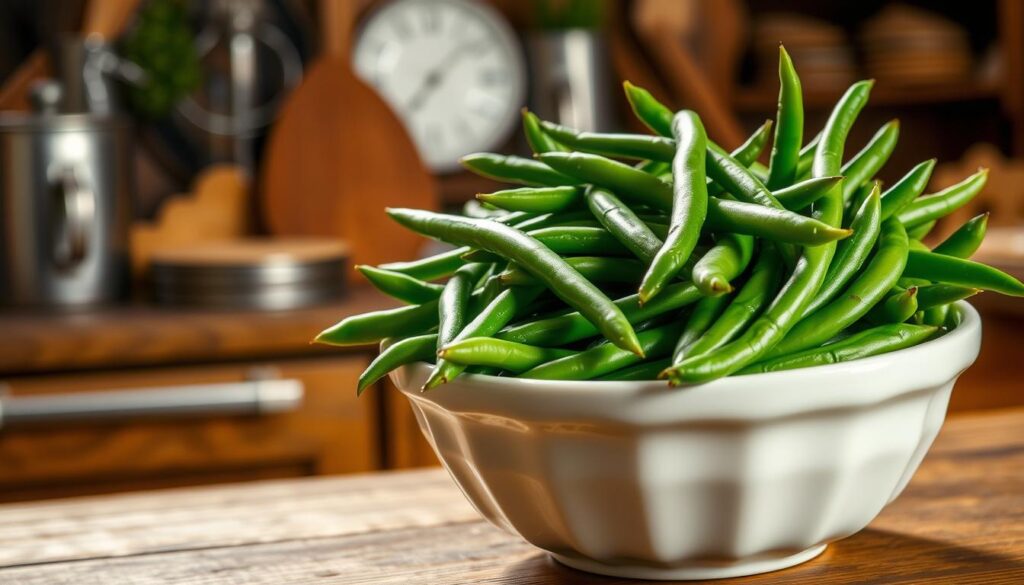 Detailed still life image of a white ceramic bowl filled with fresh green beans, placed on a wooden table or countertop. The beans should appear plump, vibrant, and neatly arranged. In the background, display a rustic, country-style kitchen environment with hints of wood, metal, and natural textures. Utilize warm, soft lighting that casts gentle shadows, creating a cozy, homey ambiance. Capture the essence of the Cracker Barrel's signature green beans recipe, evoking a sense of comforting, homemade deliciousness. homemade green beans dish