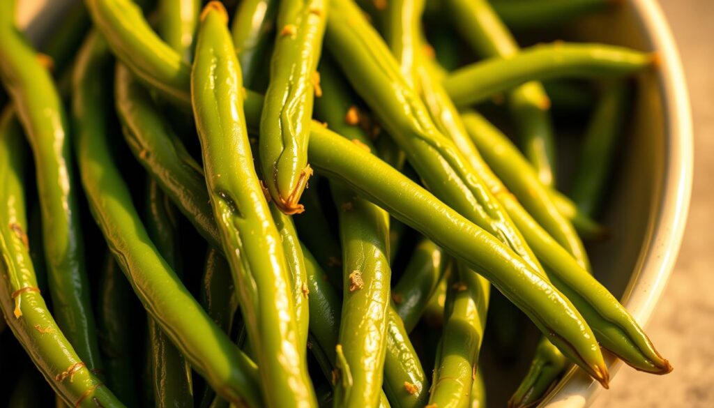 Lush, verdant Thai green beans glistening under warm, golden lighting. A close-up view, highlighting their slender, vibrant green form and delicate texture. The beans are artfully arranged, creating a visually appealing, mouthwatering composition. The scene is set against a softly blurred, neutral background, allowing the produce to take center stage. Emphasize the dish's simplicity and fresh, flavorful appeal, capturing the essence of a classic Thai green bean recipe meant to delight the senses. Thai Green Beans Recipe to Delight Your Palate