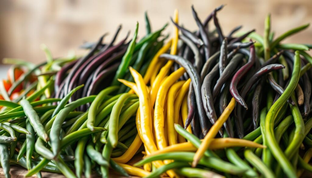 Lush, vibrant Chinese green beans, their slender forms arrayed in a dynamic display. In the foreground, a mix of classic green beans alongside their more exotic counterparts - deep purple, bright yellow, and even striped varieties. Soft lighting highlights the textural nuances, while a shallow depth of field places the focus on the stunning array of colors and shapes. Set against a backdrop of warm, earthy tones, the composition exudes a sense of rustic elegance, inviting the viewer to explore the diverse flavors and preparations of this versatile vegetable. Variations of Chinese Green Beans