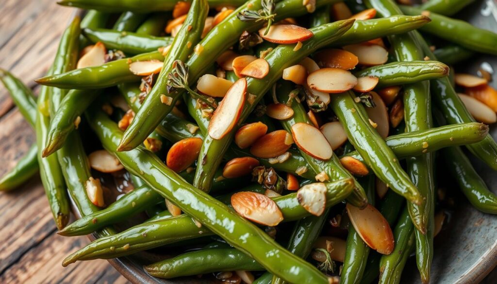 Lush, vibrant green beans in a delicate, aromatic sauce, showcasing a variety of flavorful ingredients. The beans are evenly cooked, retaining a slight crunch, and bathed in a glossy, simmered mixture of garlic, ginger, soy sauce, and a touch of honey. Crisp slivers of toasted almonds and fragrant, crinkled herbs add textural contrast and depth of flavor. The composition is artfully arranged on a rustic wooden table, with soft, indirect lighting highlighting the dish's natural, appetizing appeal. Additional Flavor Variations to Explore