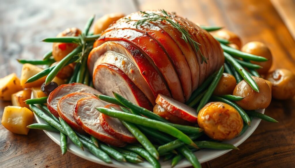 Mouthwatering ham, green beans, and potatoes arranged in a rustic, hearty manner on a wooden table. The ham glistens under warm, natural lighting, its savory aroma wafting through the air. Vibrant green beans and tender roasted potatoes surround the centerpiece, creating a visually appealing and appetizing scene. The composition is balanced, with the ingredients overlapping slightly to suggest a homemade, family-style presentation. The overall mood is comforting and inviting, evoking the feeling of a simple, satisfying weeknight dinner. Quick Ham Green Bean Potato Dinner Ideas