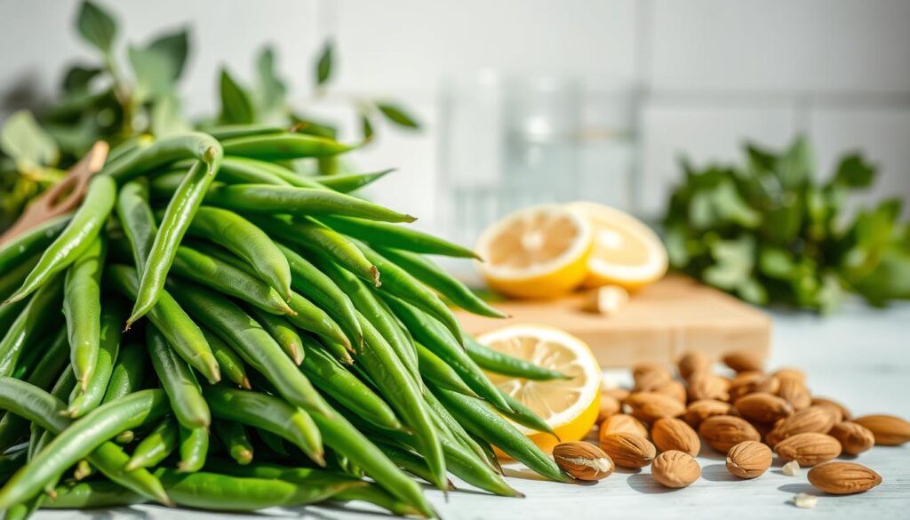 Nutritional benefits of green beans: a vibrant still life captured in soft natural lighting. In the foreground, a pile of freshly harvested green beans, their emerald hues glistening. Surrounding them, an assortment of complementary elements - a glass of water, a slice of lemon, and a handful of almonds, all arranged artfully. In the middle ground, a wooden cutting board provides a rustic backdrop, while the background features a simple white wall, allowing the vibrant colors and textures to take center stage. The overall composition conveys the healthful, nourishing qualities of this versatile vegetable, inviting the viewer to appreciate its nutritional value and culinary potential. Versatility in Meals