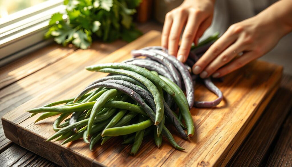 Prepare a wooden cutting board on a rustic kitchen counter. Carefully arrange a bundle of freshly harvested purple green beans, their vibrant hues contrasting against the weathered wood. Slice the beans diagonally, revealing their tender flesh and delicate veins. Soft, natural lighting filters in from a nearby window, casting a warm glow over the scene. The air is filled with the earthy aroma of the vegetables, inviting the viewer to imagine the flavors that will soon emerge in the cooking process. A sense of culinary anticipation permeates the image, hinting at the delicious dish to come. Preparing Purple Green Beans for Cooking