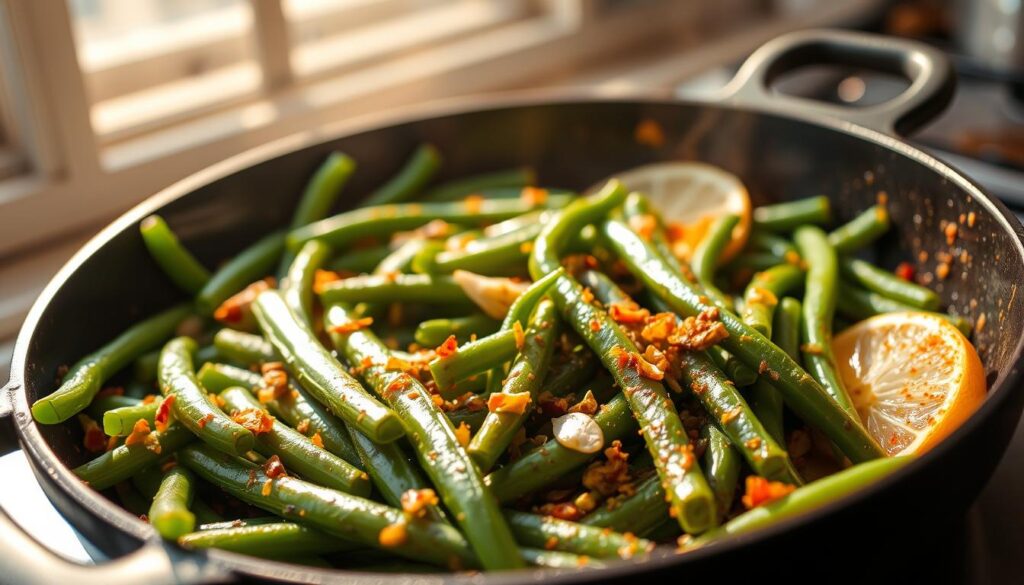 Spicy Indian green beans, vibrant and aromatic, sizzle in a cast-iron skillet under warm sunlight filtering through a window. The beans, tender yet crisp, are coated in a flavorful blend of spices - cumin, coriander, turmeric, and a touch of chili. Slivers of garlic and ginger add depth, while a squeeze of lemon brightens the dish. The foreground is in sharp focus, drawing the eye to the textures and colors, while the background is softly blurred, creating a sense of depth and focus. This tantalizing scene invites the viewer to explore the diversity of Indian green bean preparations. Healthy Indian Green Beans Options