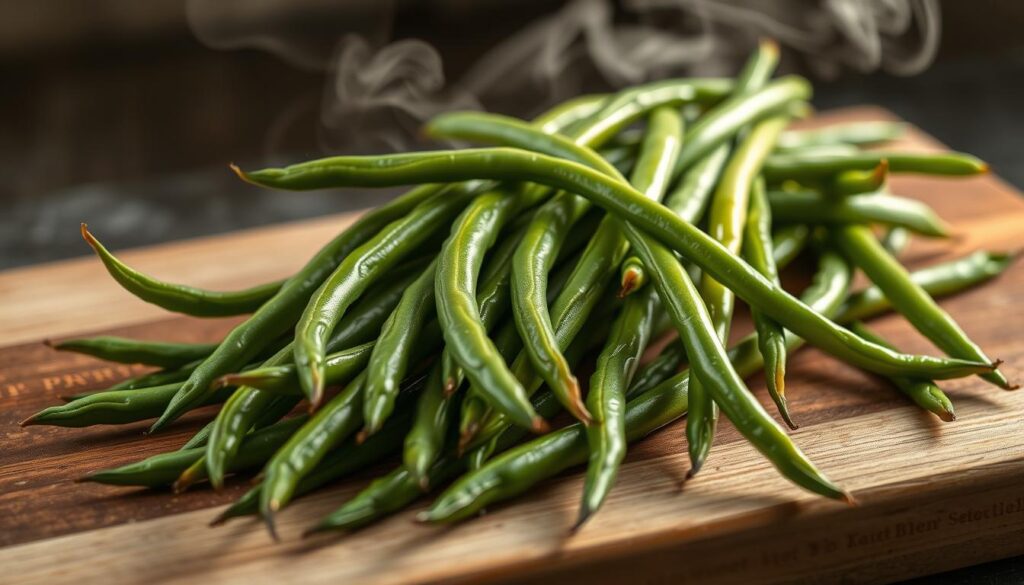 Steaming skinny French green beans, freshly picked and glistening with moisture, resting on a rustic wooden cutting board. Soft, diffused lighting illuminates the vibrant green hues and delicate textures, emphasizing their natural elegance. The arrangement is captured from a slightly elevated angle, showcasing the beans' slender, elongated forms and the steam gently rising, evoking the warmth and aroma of a home-cooked meal. The overall scene radiates a sense of simplicity, highlighting the pure, unadorned beauty of these essential ingredients in French cuisine. Cooking Methods for Skinny French Green Beans