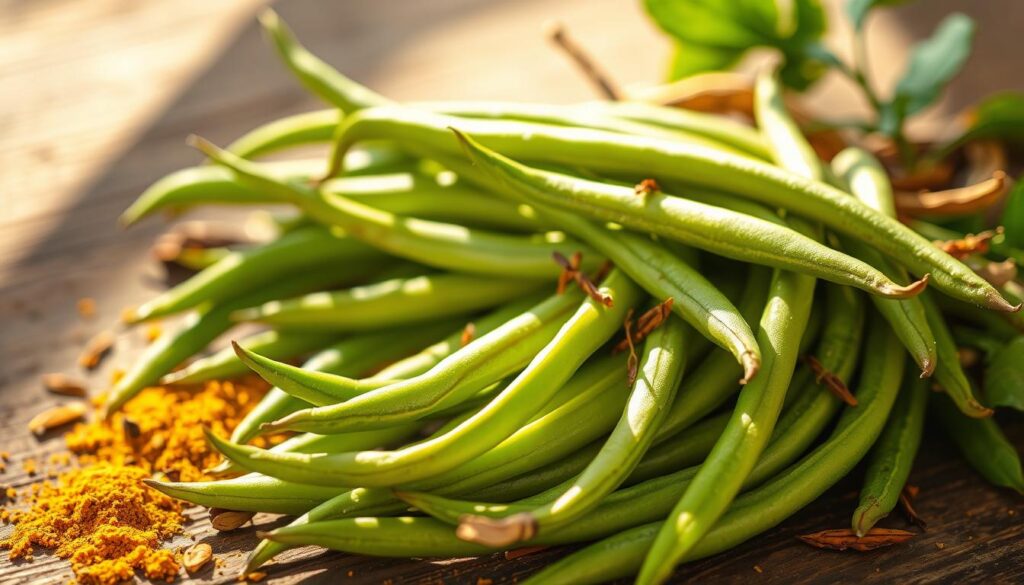 Vibrant green Indian green beans, freshly plucked from the vine, bathed in warm sunlight. Tender stalks with delicate texture, nestled against a rustic wooden surface. Aromatic spices such as cumin, coriander, and turmeric infuse the beans, creating a symphony of authentic Indian flavors. Warm earth tones and natural shadows lend depth to the composition, capturing the essence of traditional Indian cuisine. Captured with a high-resolution camera, the image invites the viewer to experience the flavorful, time-honored tradition of preparing this beloved vegetable dish. Indian Green Beans
