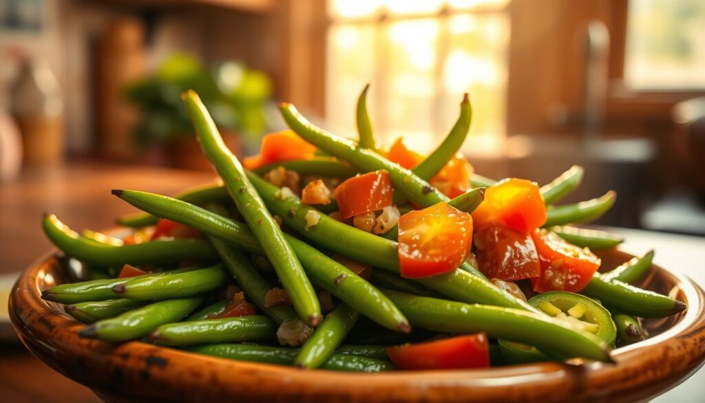 Vibrant green Mexican-style green beans, freshly steamed and glistening, nestled among earthy, roasted tomatillo salsa and bright red slices of jalapeño peppers. The scene is bathed in warm, golden sunlight filtering through a cozy, rustic kitchen window. The beans are carefully arranged on a handcrafted ceramic plate, lending an authentic, homemade feel to the dish. The overall composition evokes the flavors and aromas of traditional Mexican cuisine, inviting the viewer to savor the perfect balance of flavors in this mouthwatering side dish. Vibrant green Mexican-style green beans, freshly steamed and glistening, nestled among earthy, roasted tomatillo salsa and bright red slices of jalapeño peppers. The scene is bathed in warm, golden sunlight filtering through a cozy, rustic kitchen window. The beans are carefully arranged on a handcrafted ceramic plate, lending an authentic, homemade feel to the dish. The overall composition evokes the flavors and aromas of traditional Mexican cuisine, inviting the viewer to savor the perfect balance of flavors in this mouthwatering side dish.