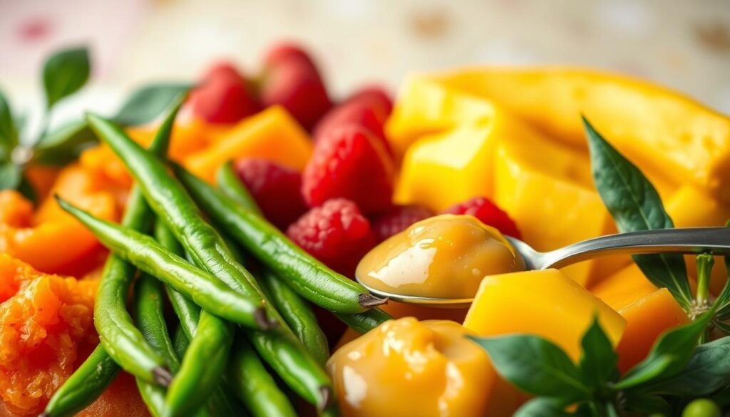 Vibrant green beans, freshly steamed, nestled among an array of colorful baby food combinations. In the foreground, a rainbow of pureed fruits and vegetables - bright orange sweet potatoes, creamy avocado, ruby-red raspberries, and buttery yellow squash. Soft lighting from above casts a warm, natural glow, highlighting the organic textures and inviting the viewer to explore these wholesome, nutritious pairings. The middle ground features a selection of spoon-fed delights, each color and flavor perfectly balanced to delight a growing baby's palate. In the background, a soft, blurred backdrop of soothing pastels sets the scene for this wholesome mealtime moment. Healthy Baby Food Combos with Green Beans