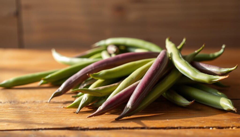 Vibrant purple and green snap beans, freshly plucked from the garden, lie gently on a wooden table. The lighting is soft and natural, casting a warm glow on the beans' mottled hues. In the foreground, individual beans are prominently displayed, their smooth, tapered shapes and plump curves inviting touch and examination. The middle ground features a small pile of the beans, showcasing their varied shades and textures. In the background, a slightly blurred, earthy-toned backdrop provides a simple, uncluttered setting, allowing the beans to be the central focus. The overall mood is one of rustic simplicity, highlighting the inherent beauty and freshness of the seasonal produce. Fresh Purple Green Beans